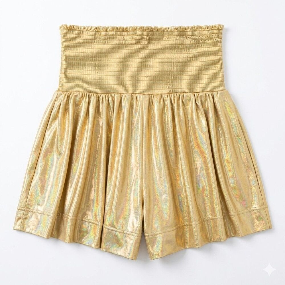NWT Blue B Collection Gold Metallic Shorts Smocked High Waist Flowy Festival M